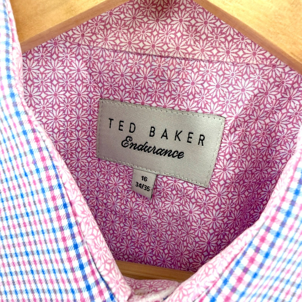 Ted Baker Endurance Pink Blue Check 100% Cotton Floral Trim Dress Shirt