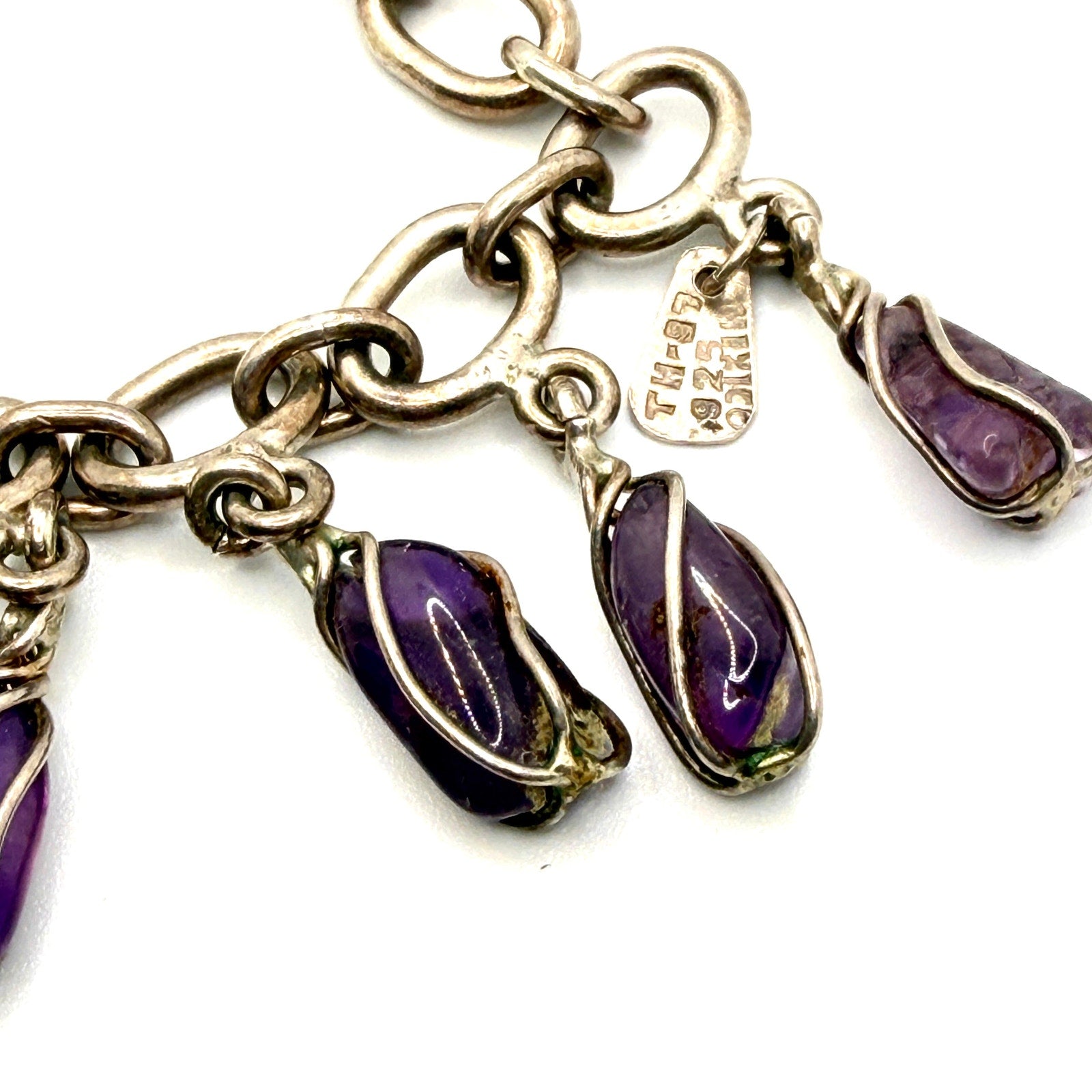Vintage 90s Mexico Taxco 925 Sterling Silver Amethyst Charm Bracelet