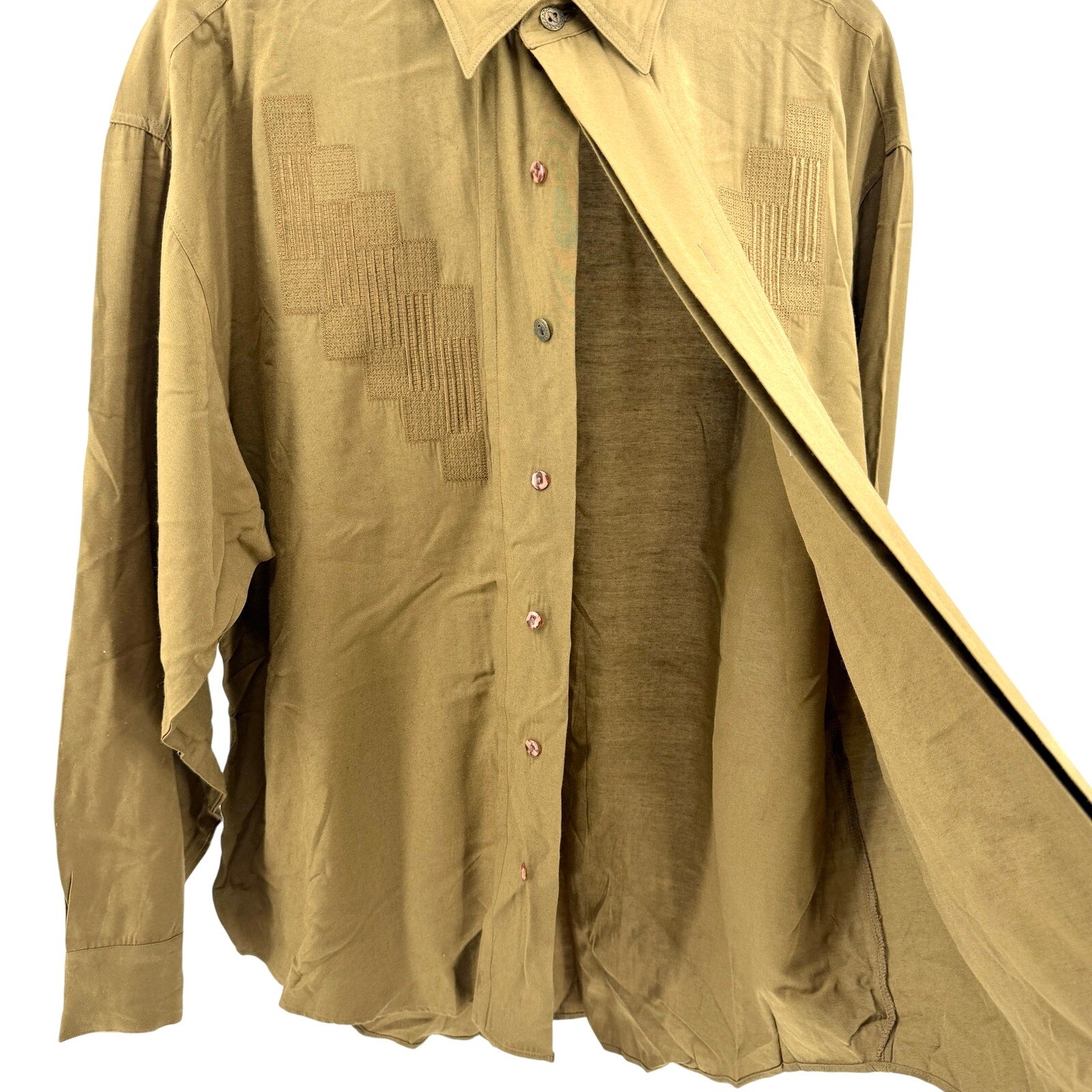 Vintage 90s Bugatchi Uomo Olive Green Embroidered Shirt