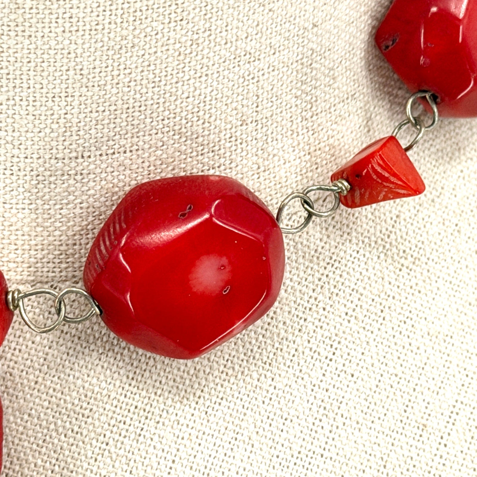 Vintage Red Coral Chunk Carved Cinnabar Foo Dog Pendant Statement Necklace