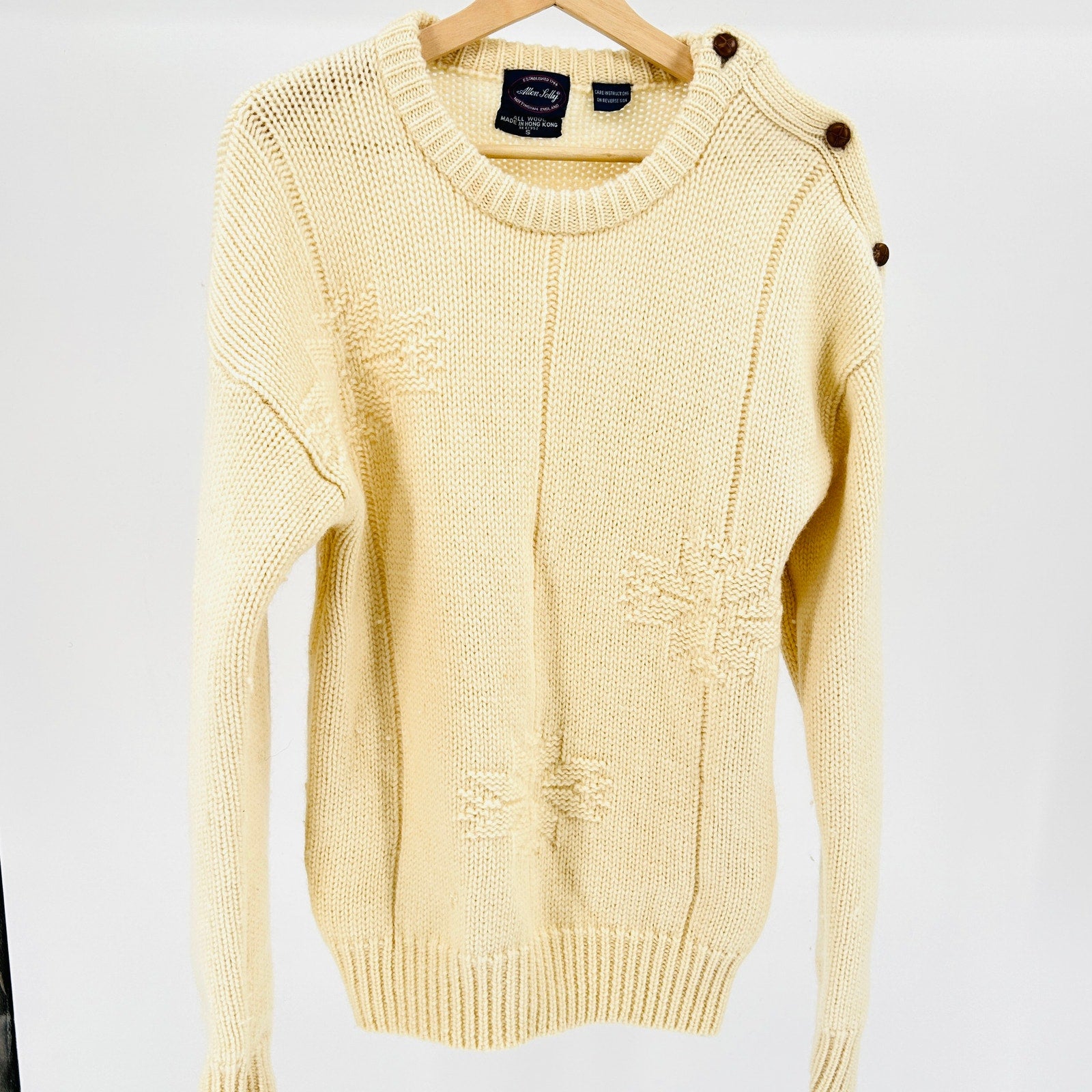 Vintage 70s Allen Solly Cream 100% Wool Cable Knit Fisherman Sweater