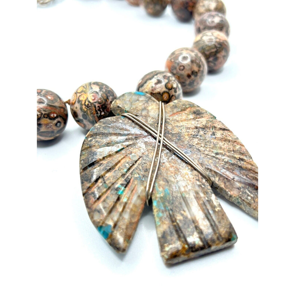 Vintage Artisan Leopard Skin Jasper Southwestern Hand-Carved Statement Necklace