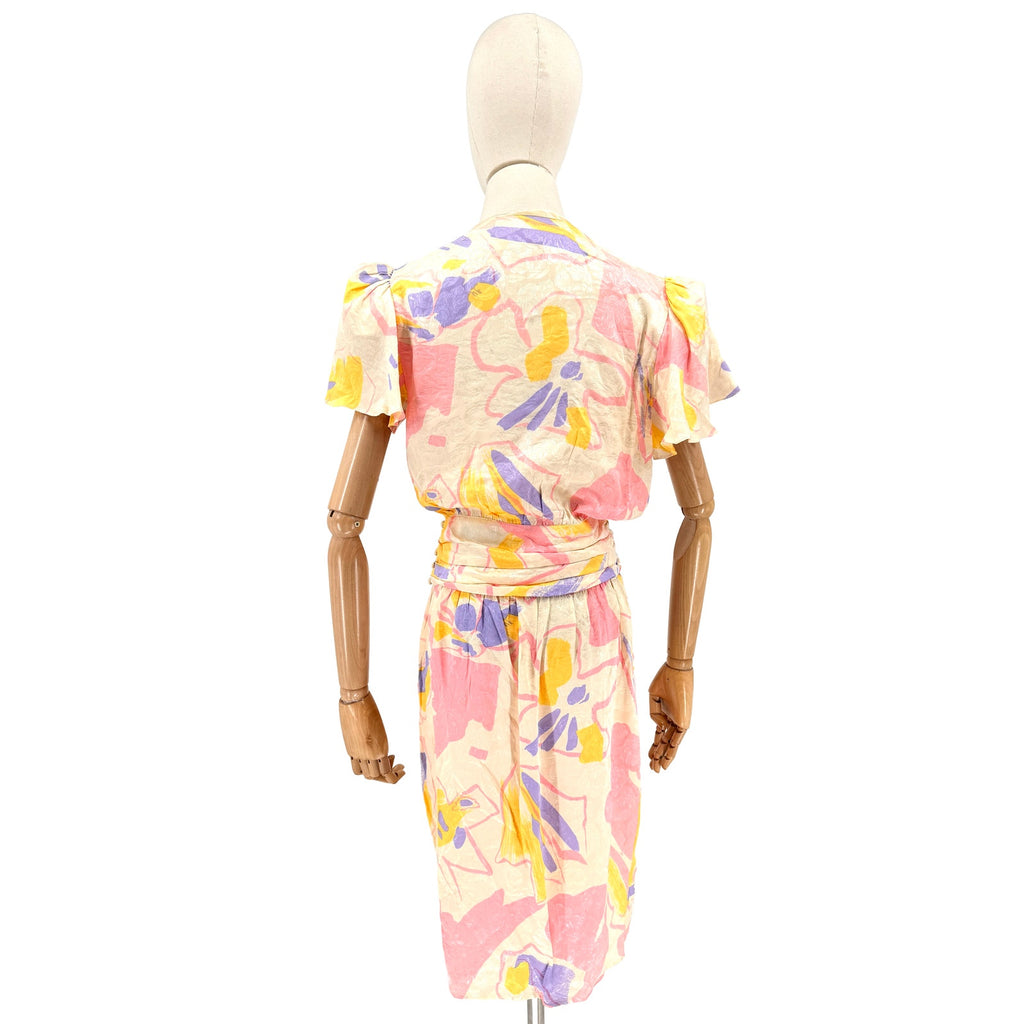 Vintage 80s Flora Kung 100% Silk Pastel Floral Flutter Sleeve Wrap Dress
