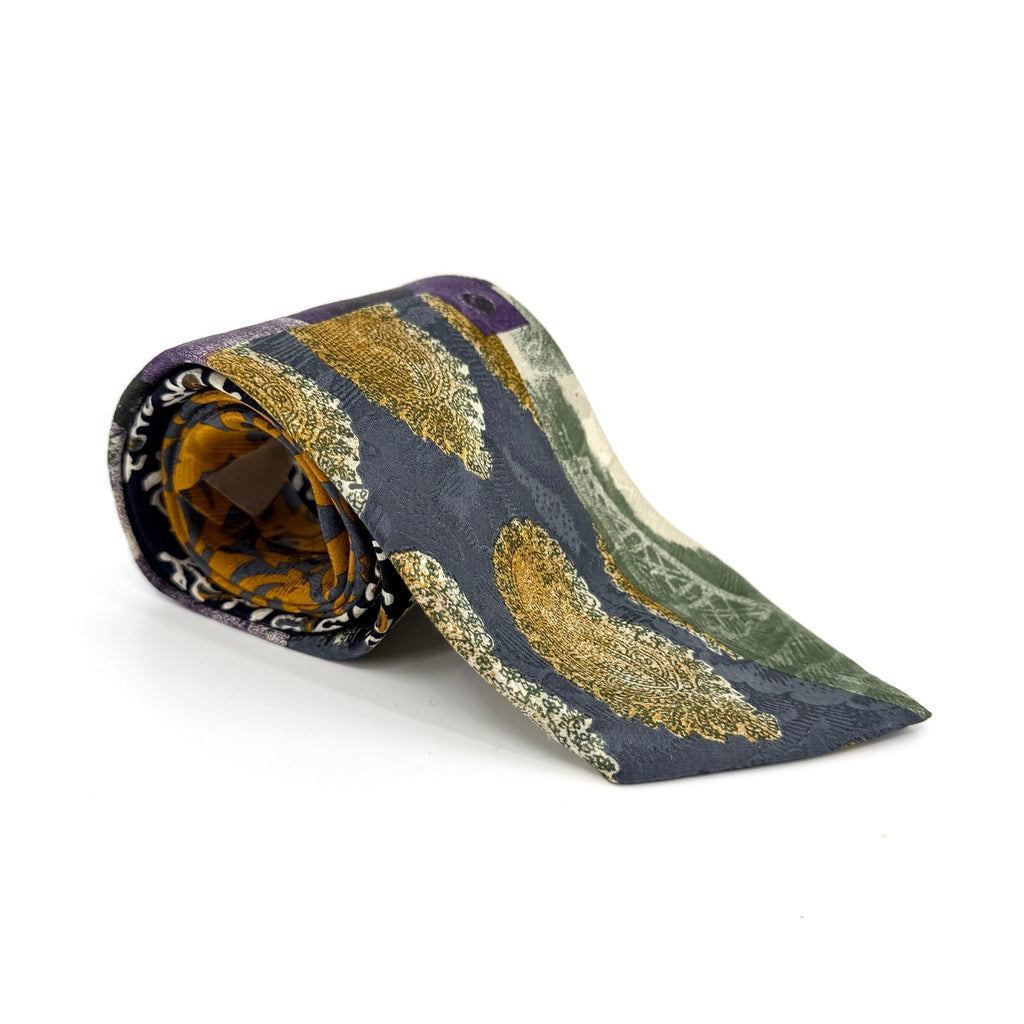 Vintage 90s Hubert Milano Sage Green Purple 100% Silk Graphic Paisley Necktie