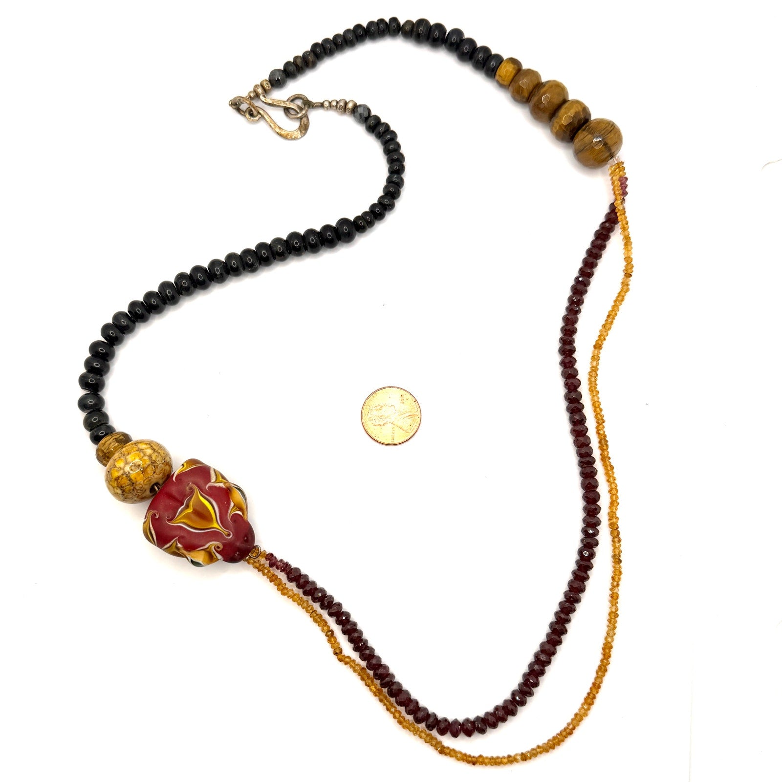Vintage 90s Ruby Golden Topaz Tiger's Eye Dragon Head Glass Bead Necklace