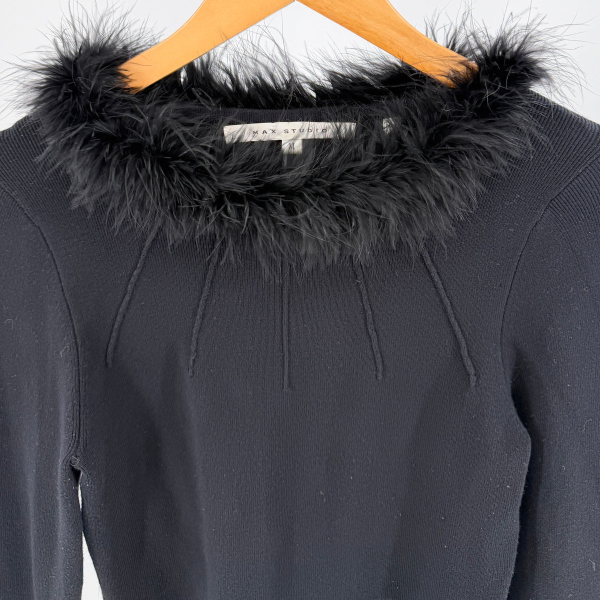 Vintage Y2K Max Studio Black Whimsigoth Genuine Feather Collar Ribbed Sweater