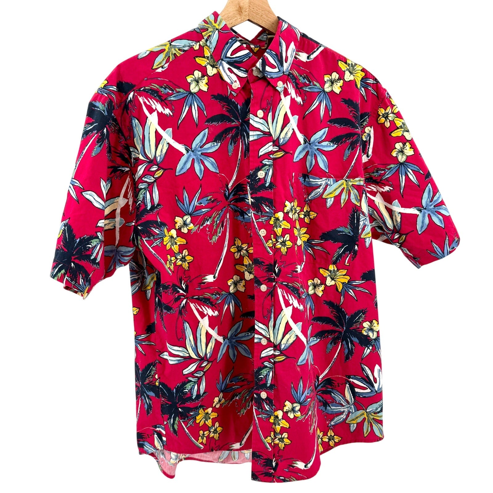 Vintage 90s Natural Issue Red Tropical Floral 100% Cotton Shirt
