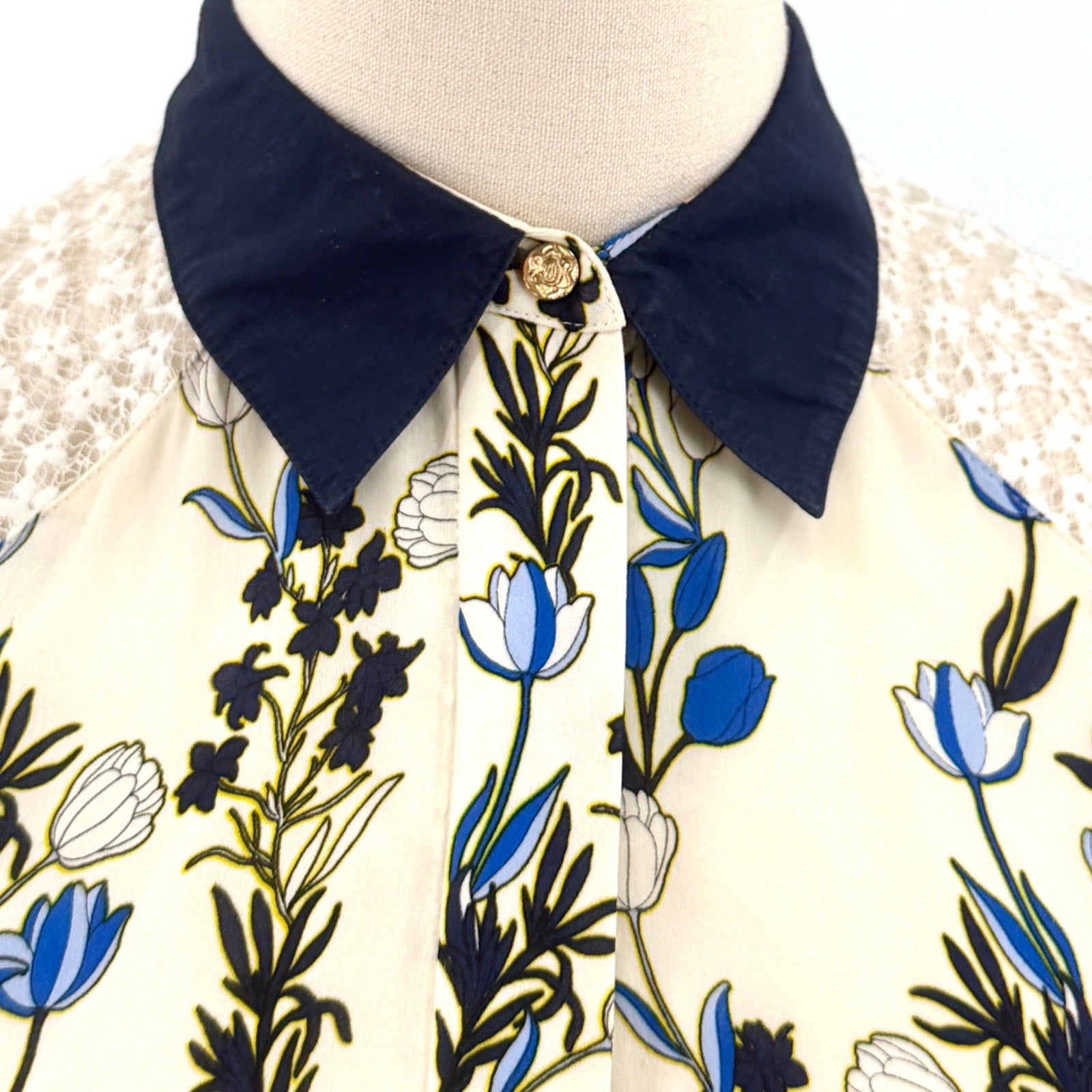 Draper James Navy Blue Cream Floral 100% Silk Lace Sleeve Shirt Dress