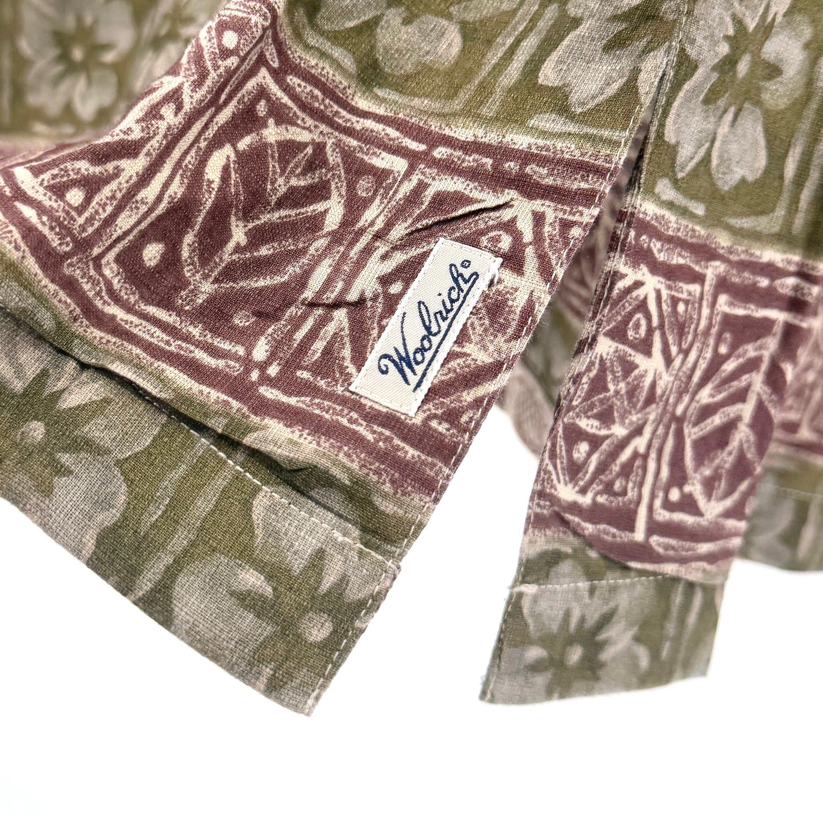 Vintage 90s Woolrich Olive Green Maroon Floral Fish Cotton Tropical Shirt
