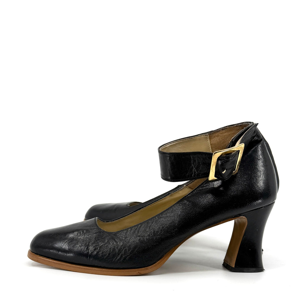 Vintage 90s Gino & Salvatore Black Leather Glam Block Heel Mary Jane Pumps