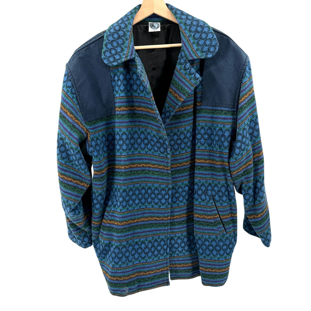 Vintage 90s T&C Surf Designs Blue Wool Cotton Tribal Open Front Jacket