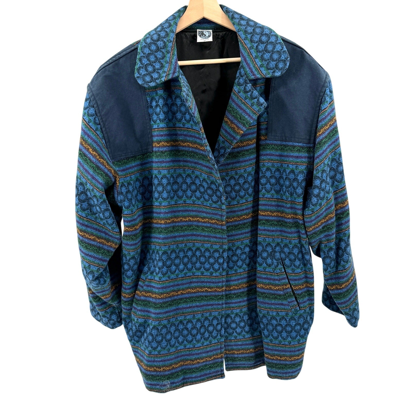 Vintage 90s T&C Surf Designs Blue Wool Cotton Tribal Open Front Jacket