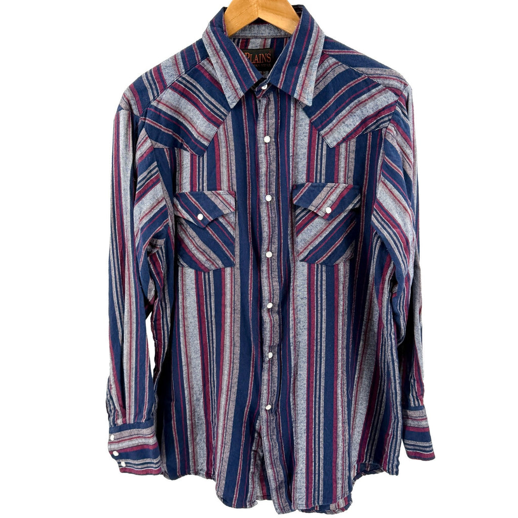 Plains Western Wear Navy Striped 100% Cotton Pearl Snap Flannel Shirt