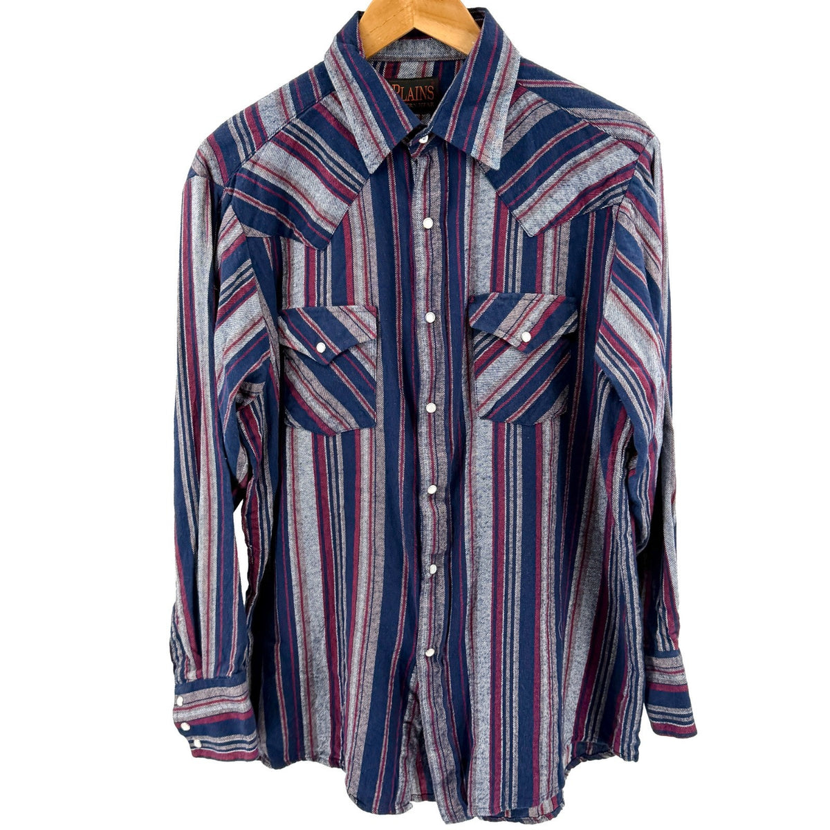 Plains Western Wear Navy Striped 100% Cotton Pearl Snap Flannel Shirt