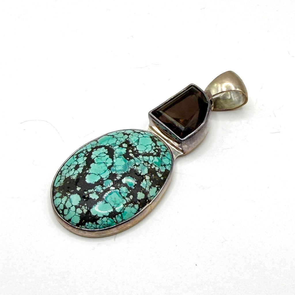 Vintage 90s Sterling Silver Stamped Turquoise Smoky Quartz Statement Pendant