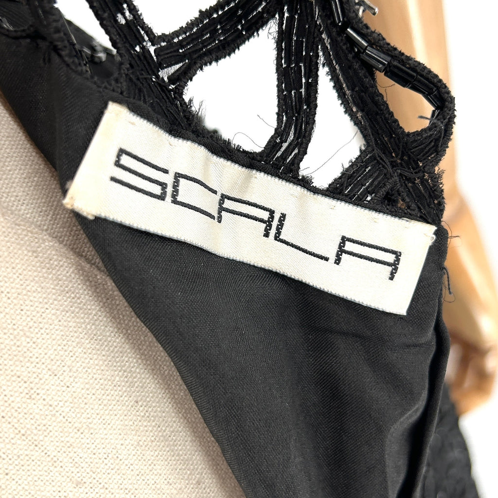 Vintage 90s Scala Black 100% Pure Silk Beaded Lattice Back Gown