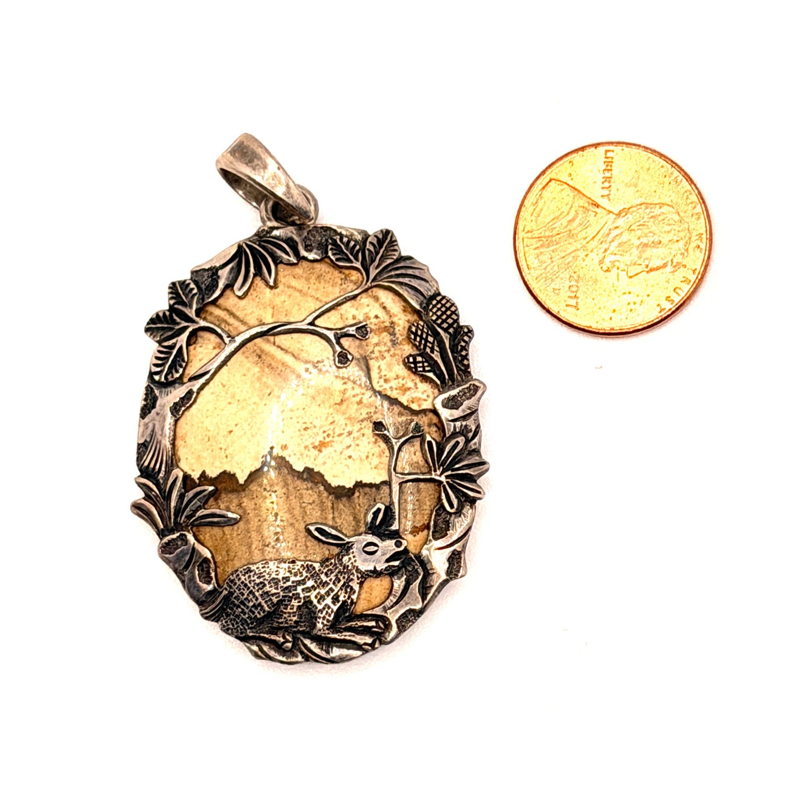 Vintage 90s Picture Jasper Rabbit Nature Sterling Silver Pendant