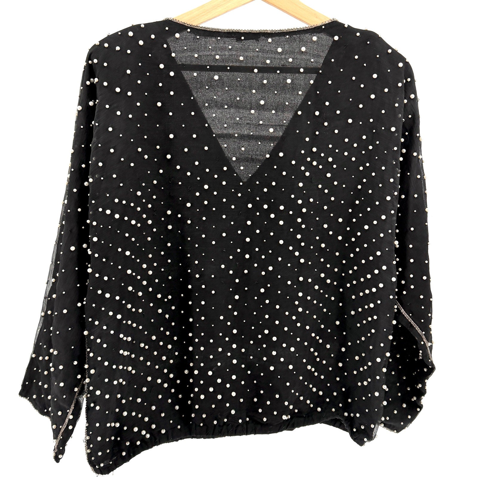 Vintage 80s Black 100% Pure Silk Beaded Floral Faux Pearl Blouse