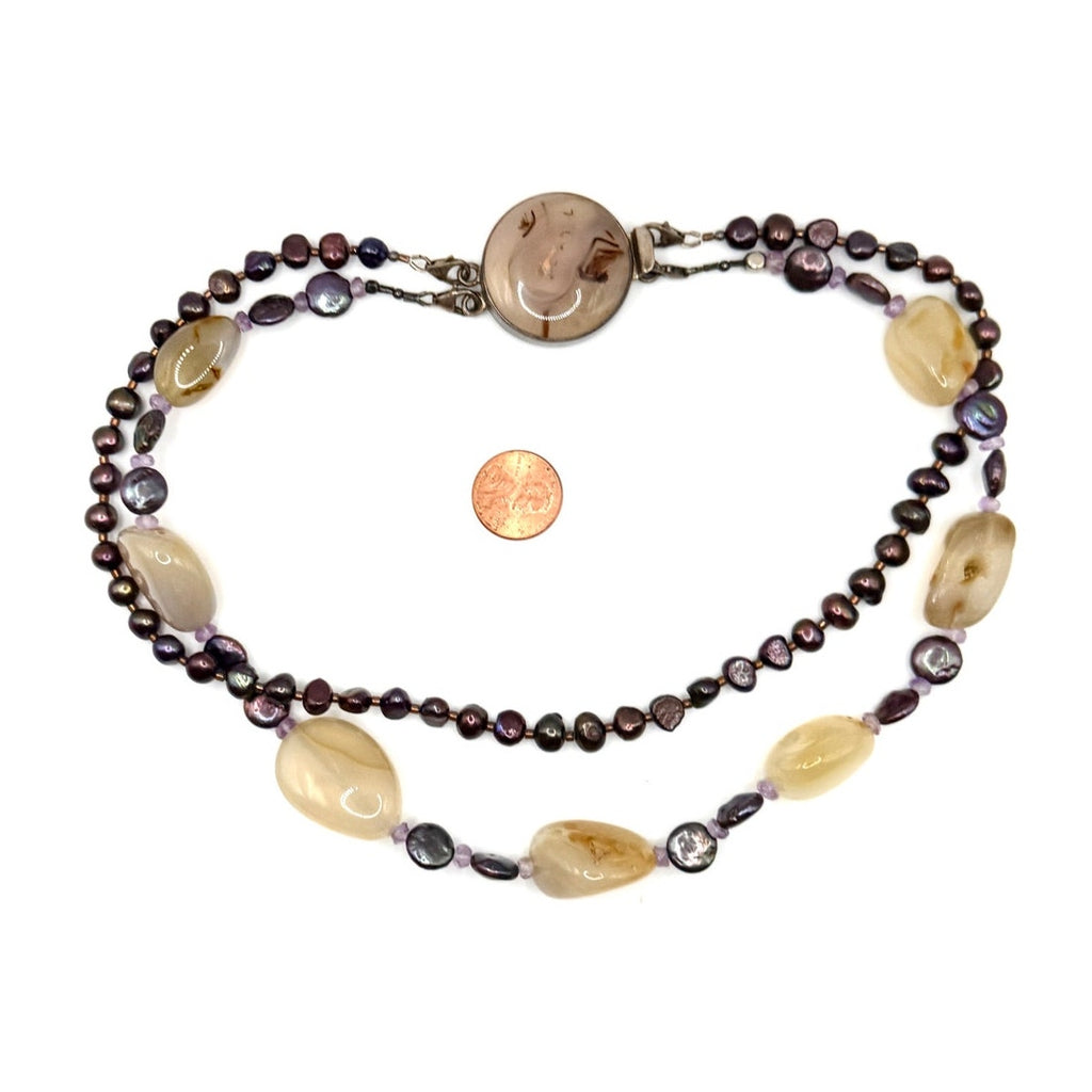 Vintage 90s Sterling Silver Agate Pearl Multi Strand Statement Necklace
