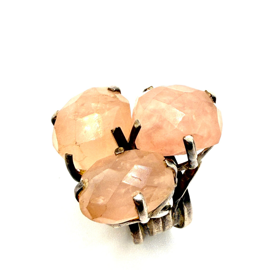 Vintage 90s Sterling Silver Rose Quartz Triple Cluster Statement Ring