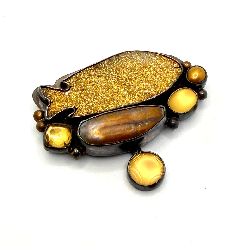 Vintage 90s Signed Amy Kahn Russell Sterling Silver Gold Druzy Brooch Pendant