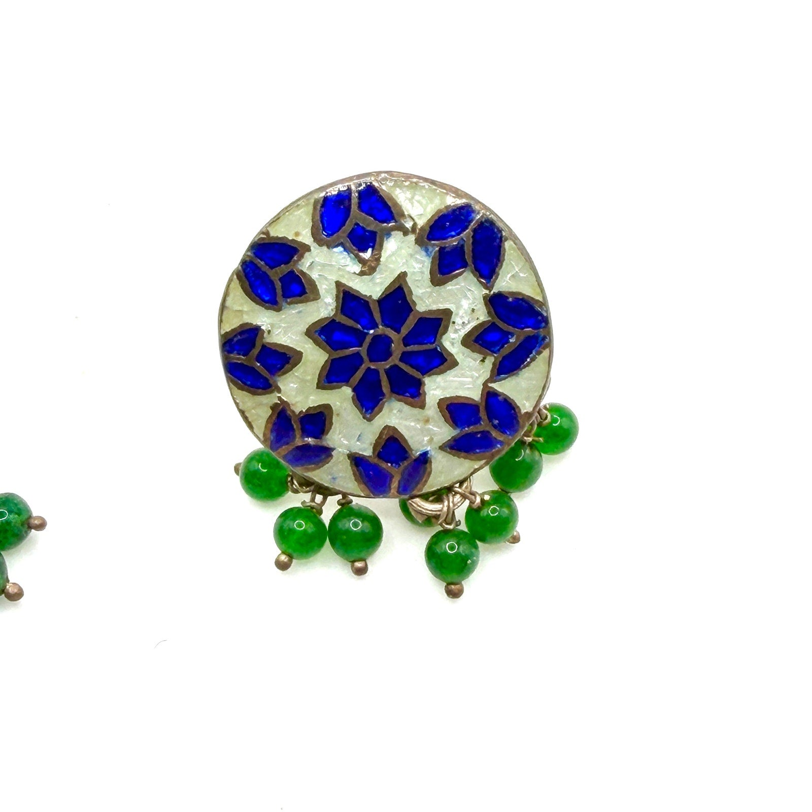 Vintage 90s Blue Green Enamel Stamped Sterling Silver India Stud Drop Earrings