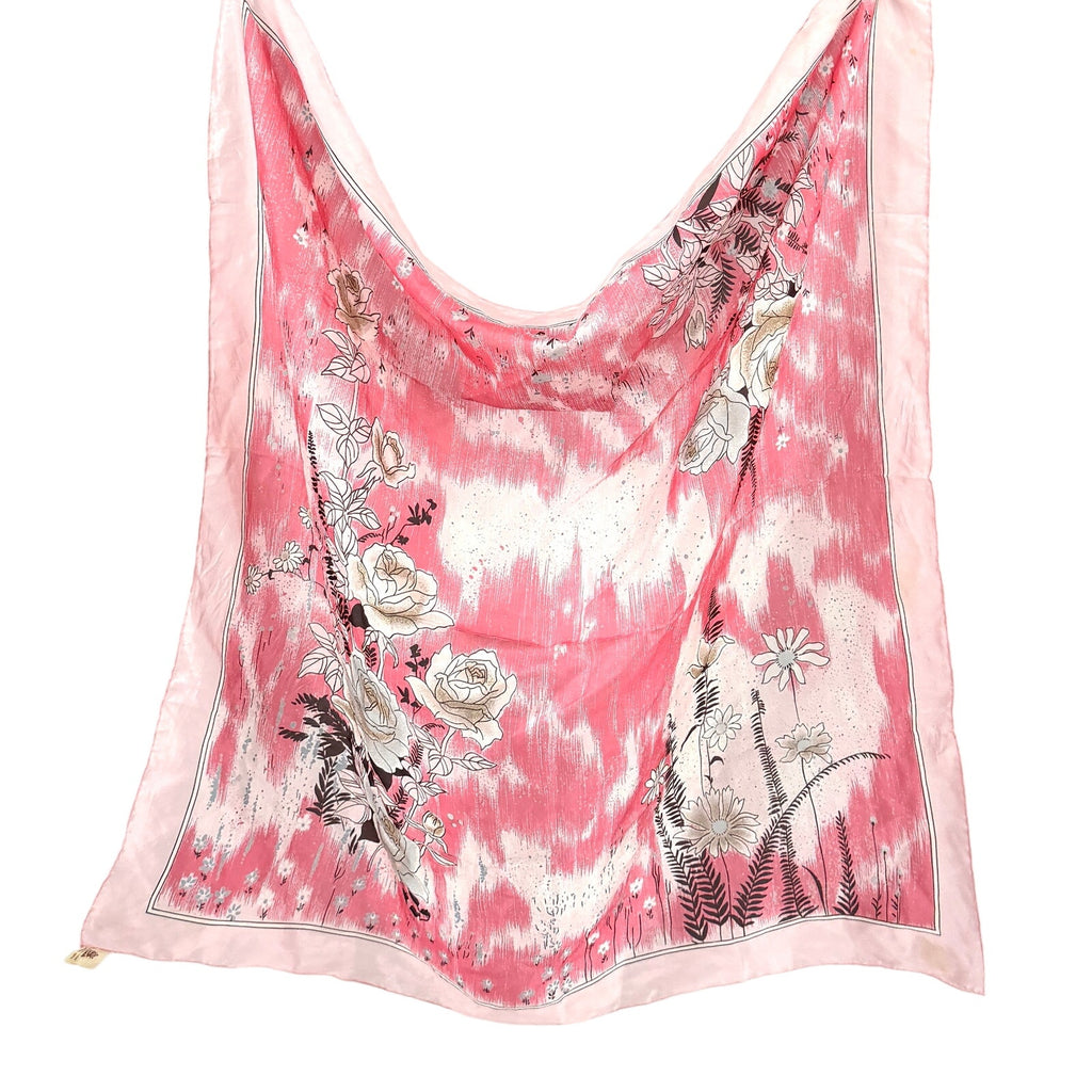 Vintage 80s Pink Floral 100% Silk Hand Rolled Scarf