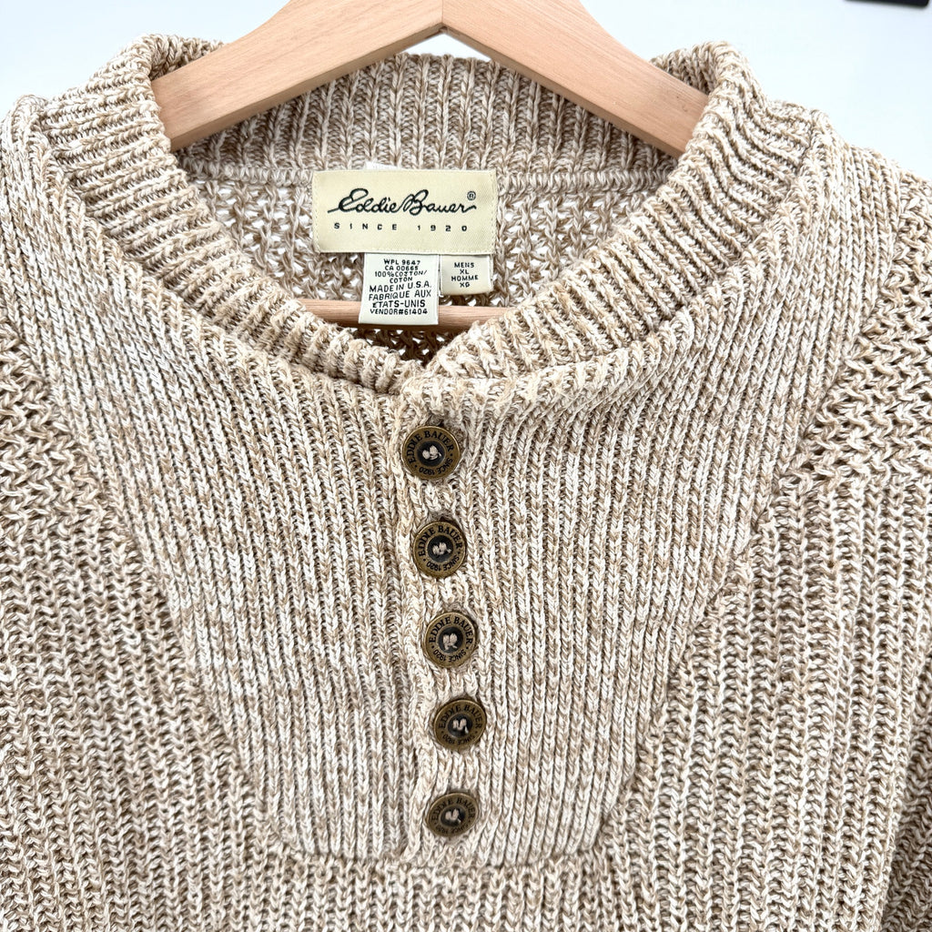 Vintage 90s Eddie Bauer Tan 100% Cotton Henley Marled Knit Sweater