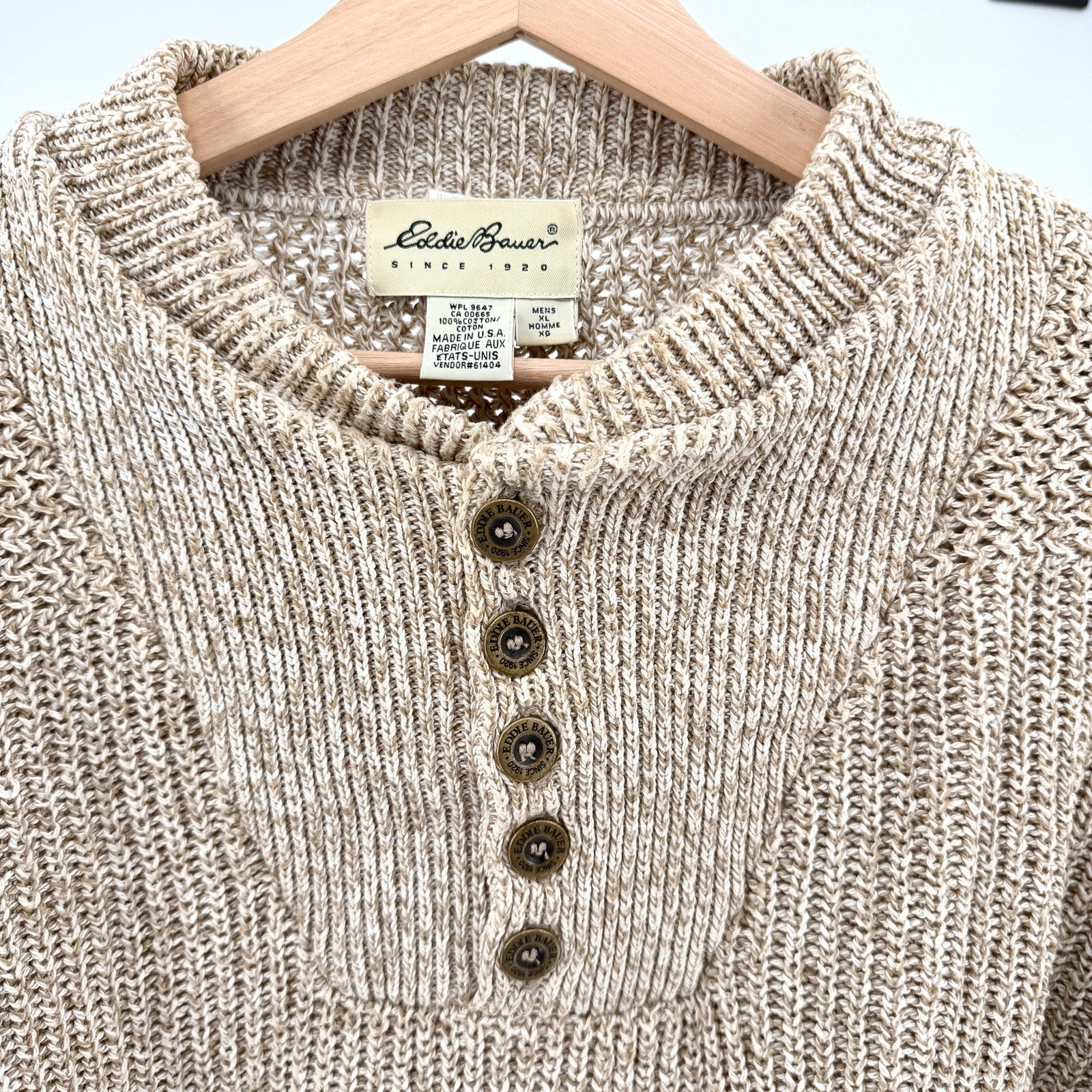 Vintage 90s Eddie Bauer Tan 100% Cotton Henley Marled Knit Sweater