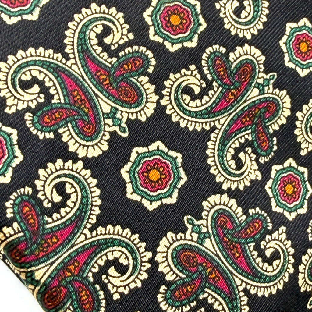 Vintage 90s Liberty of London Black Red Green 100% Silk Paisley Regal Tie