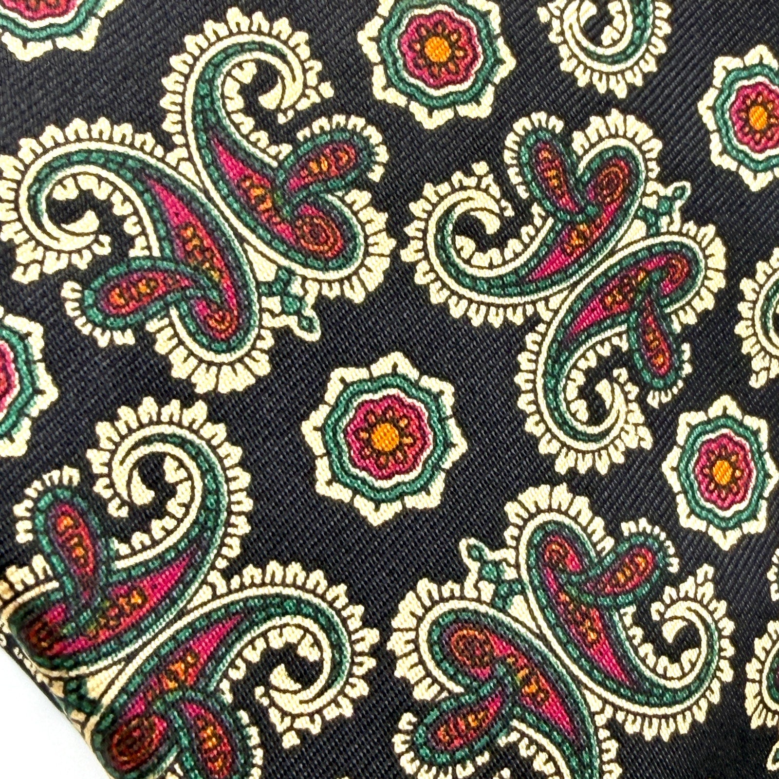 Vintage 90s Liberty of London Black Red Green 100% Silk Paisley Regal Tie