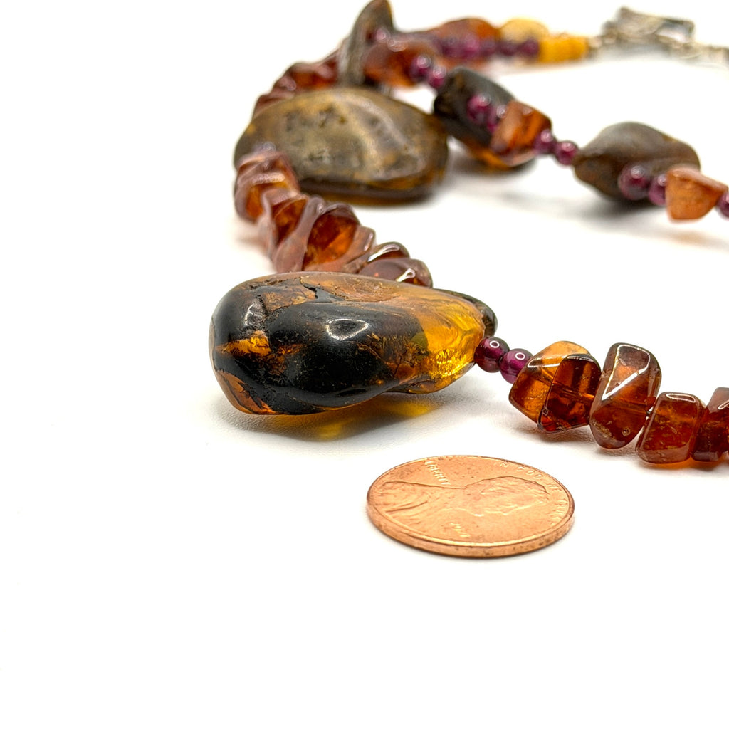 Vintage 90s Raw Amber Garnet Organic Double Strand Toggle Statement Necklace