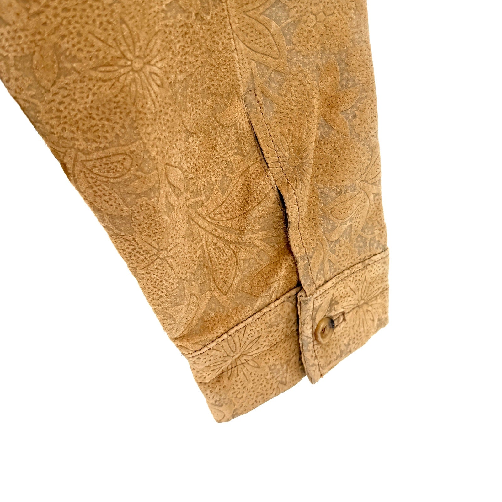 Vintage Y2K August Silk Tan Genuine Leather Suede Boho Floral Burnout Shacket