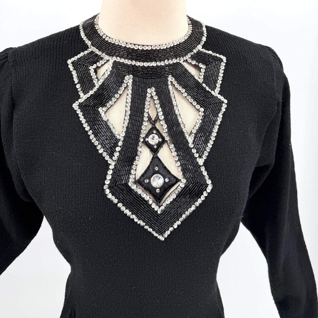 Vintage 80s Lillie Rubin Black Wool Blend Beaded Cutout Glam Sweater Dress