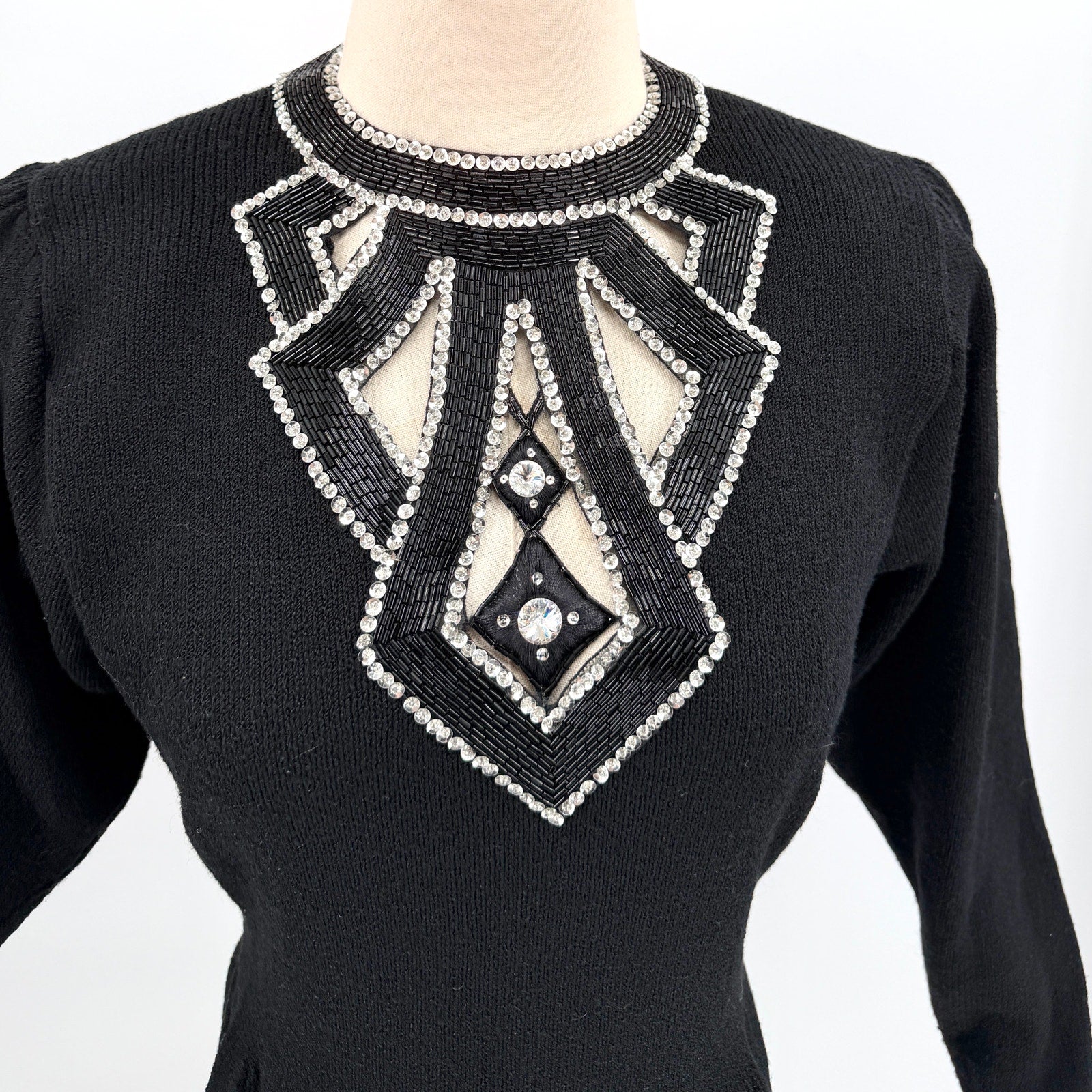Vintage 80s Lillie Rubin Black Wool Blend Beaded Cutout Glam Sweater Dress