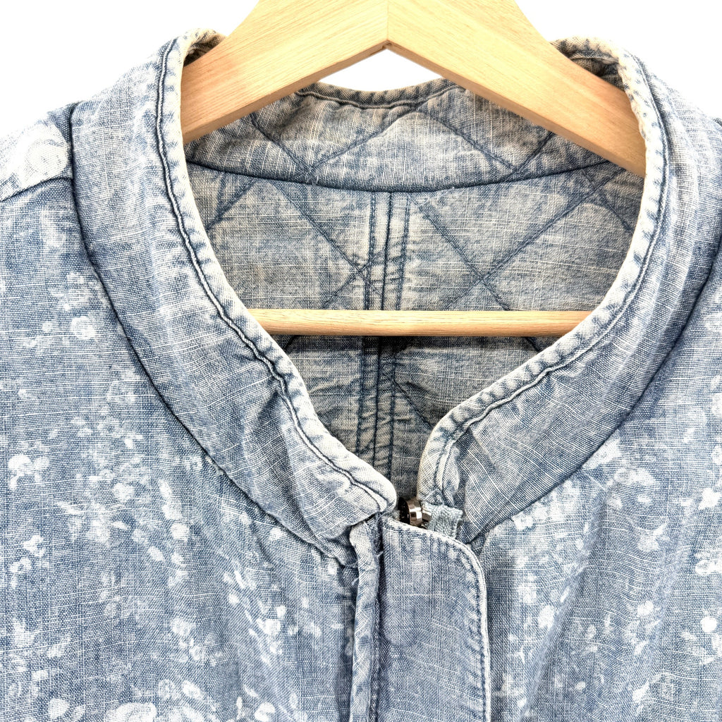 Blue 100% Cotton Reversible Quilted Floral Chambray Insulated Bomber Jacket