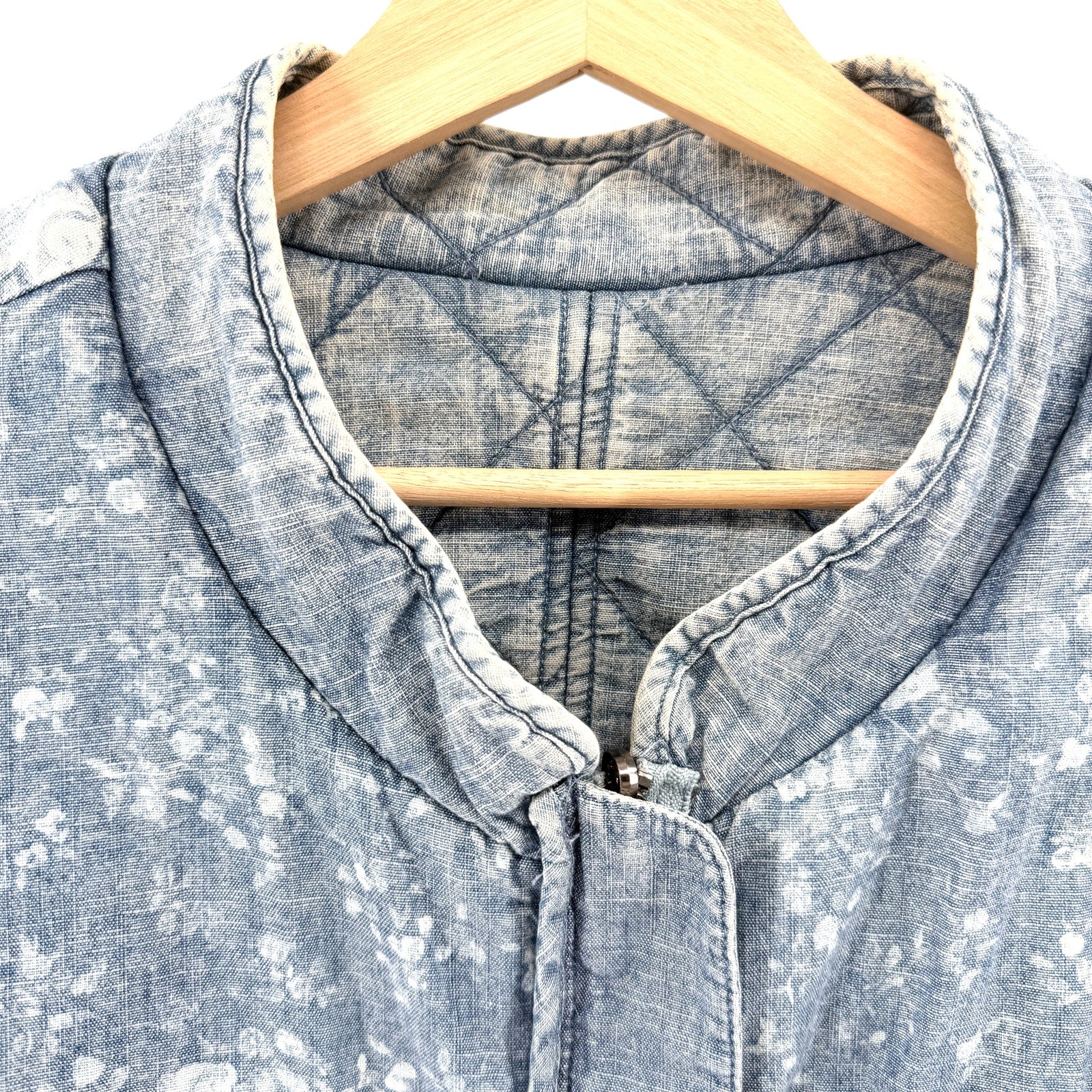 Blue 100% Cotton Reversible Quilted Floral Chambray Insulated Bomber Jacket
