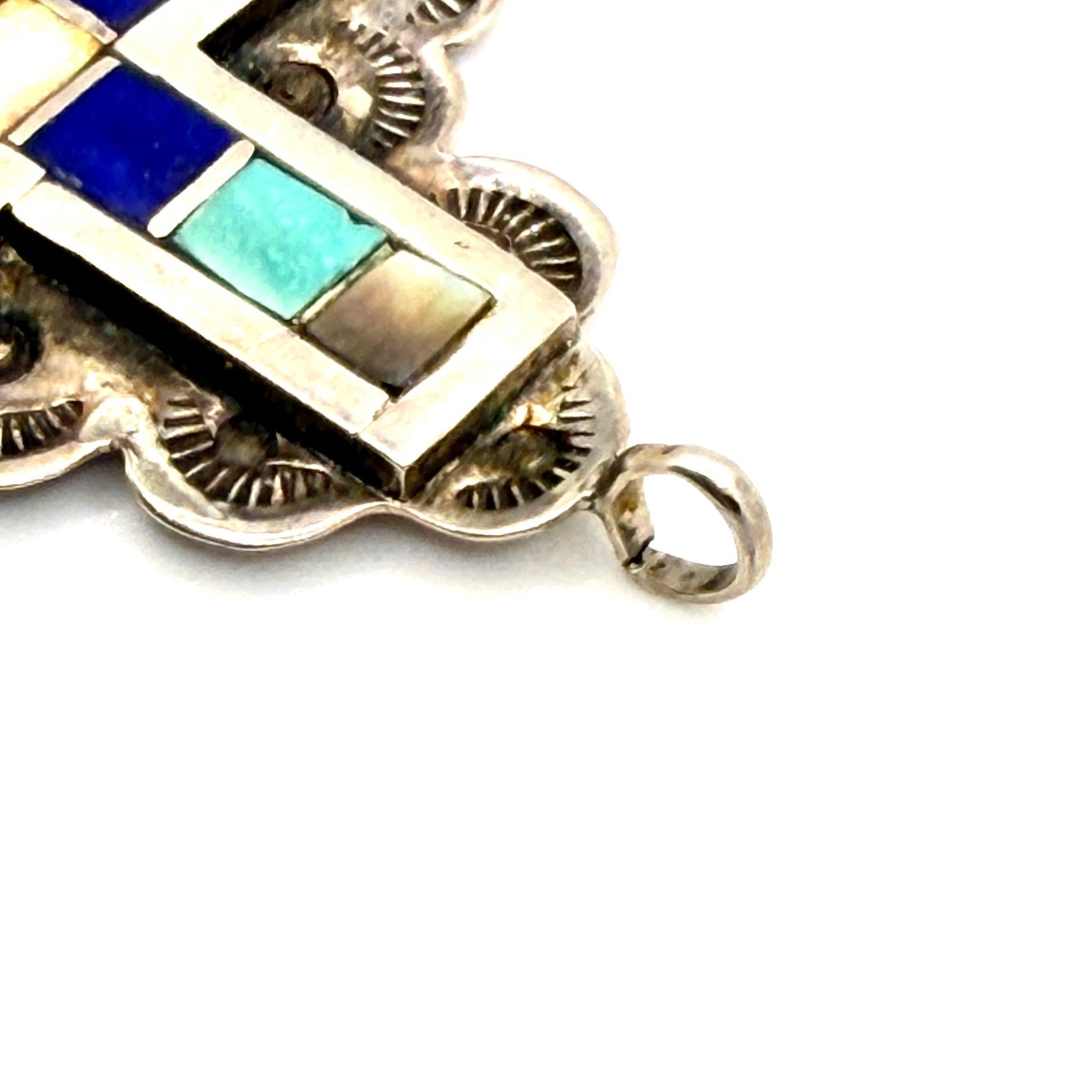 Vintage Signed Zuni Blue Sterling Silver Lapis Turquoise Inlay Cross Pendant