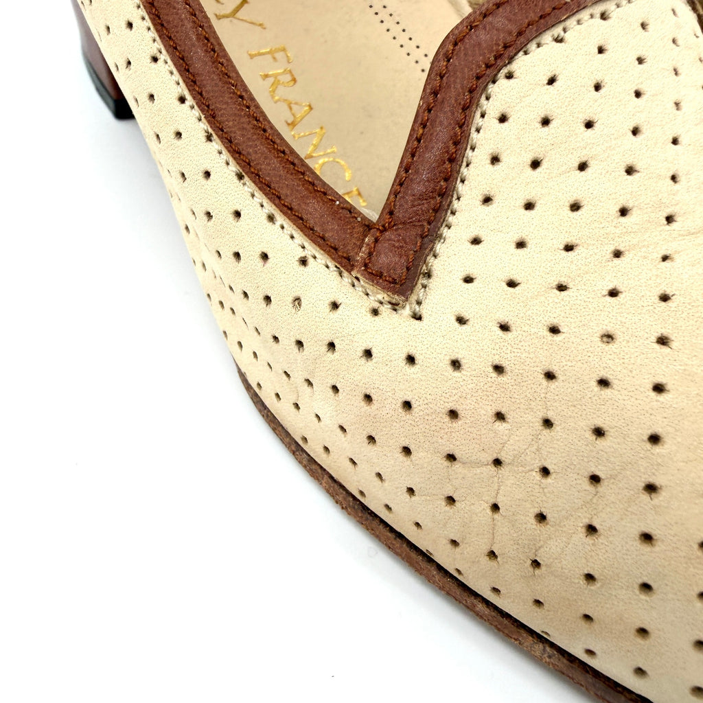Vintage 80s Bally France Cream Genuine Leather Perforated Block Heel Loafers