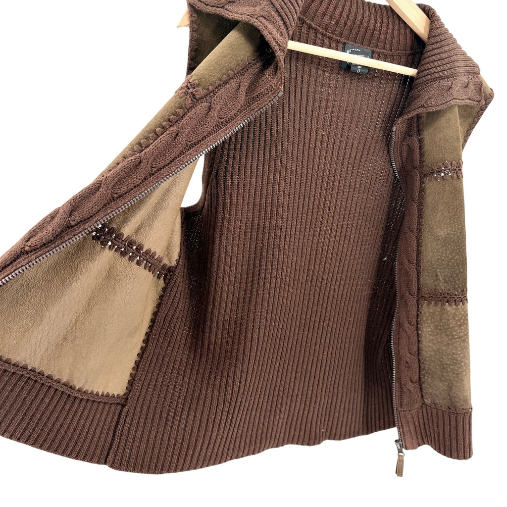 Vintage Y2K Designers Originals Brown Genuine Leather Cable Knit Patchwork Vest