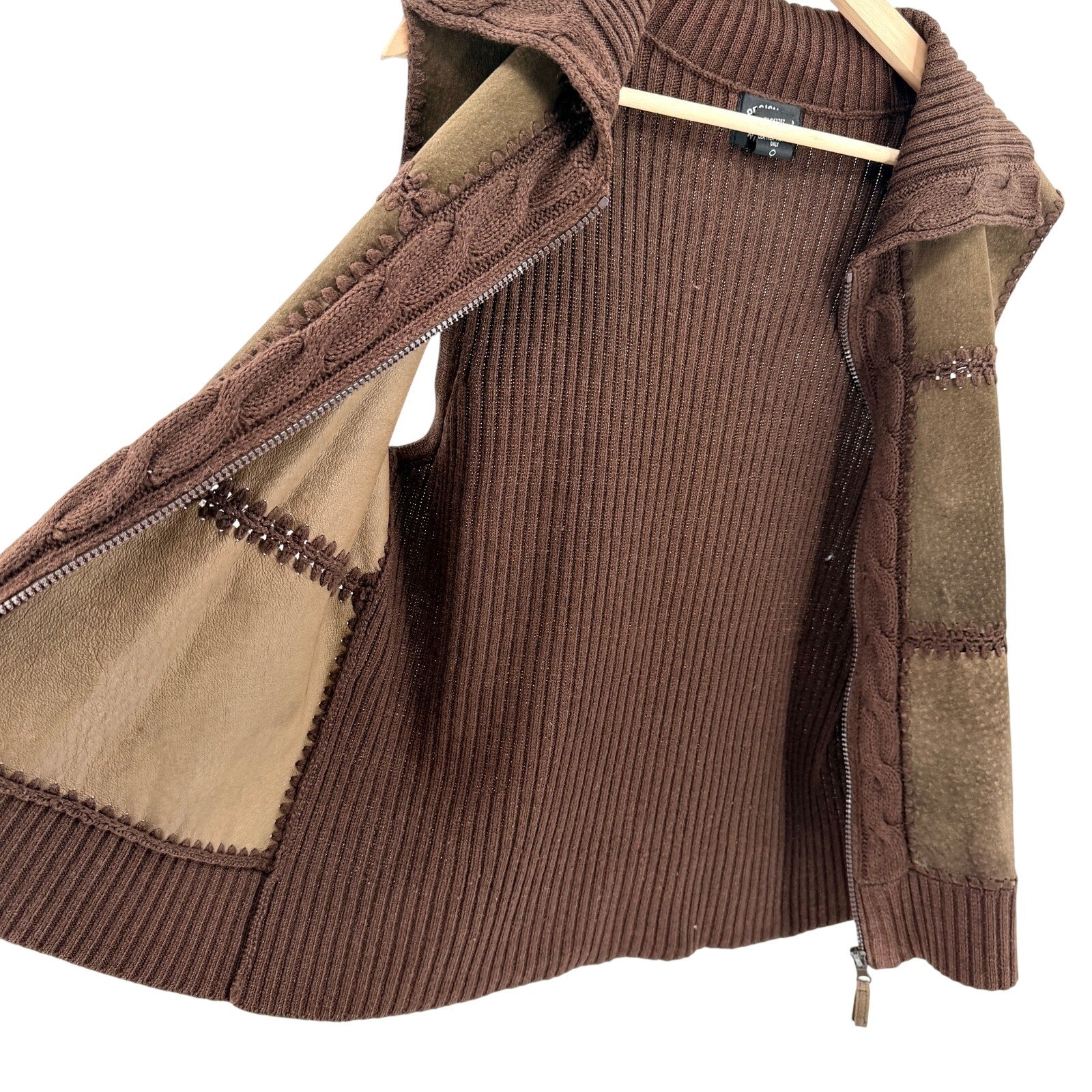 Vintage Y2K Designers Originals Brown Genuine Leather Cable Knit Patchwork Vest