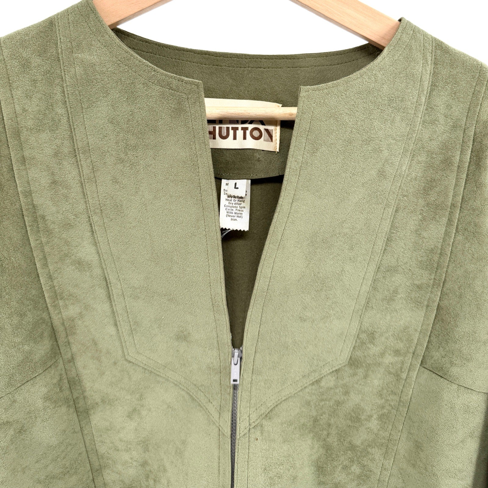 Vintage 80s Linda Hutton Sage Green Faux Suede Zip Jacket