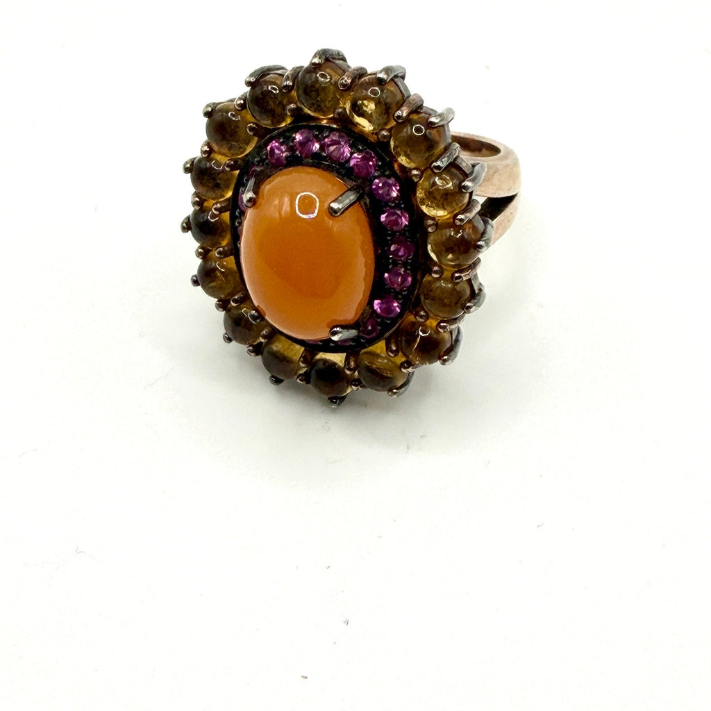 Vintage y2K Orange Jade Sapphire Citrine Sterling Silver Cocktail Ring