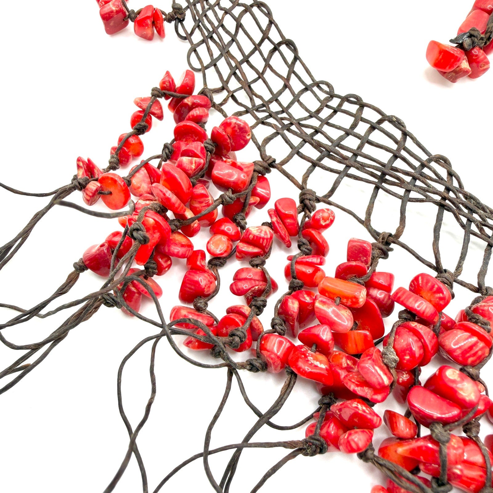 Vintage 90s Red Coral Chip Woven Macrame Mesh Fringe Statement Bib Necklace