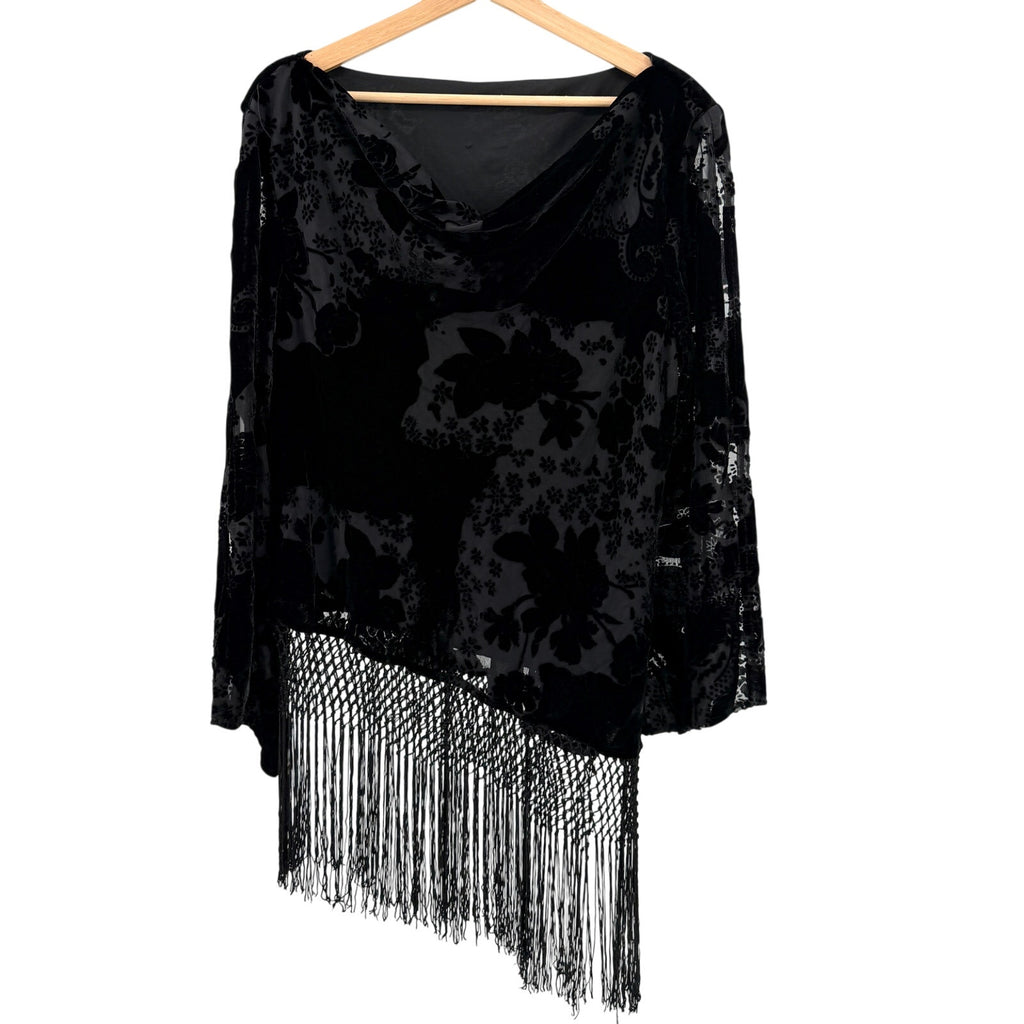 Vintage Y2K Black Burnout Velvet Asymmetrical Fringe Bell Sleeve Blouse