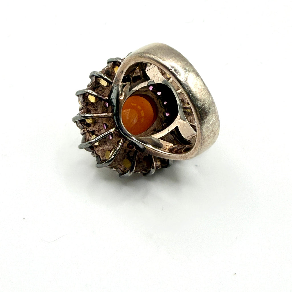 Vintage y2K Orange Jade Sapphire Citrine Sterling Silver Cocktail Ring