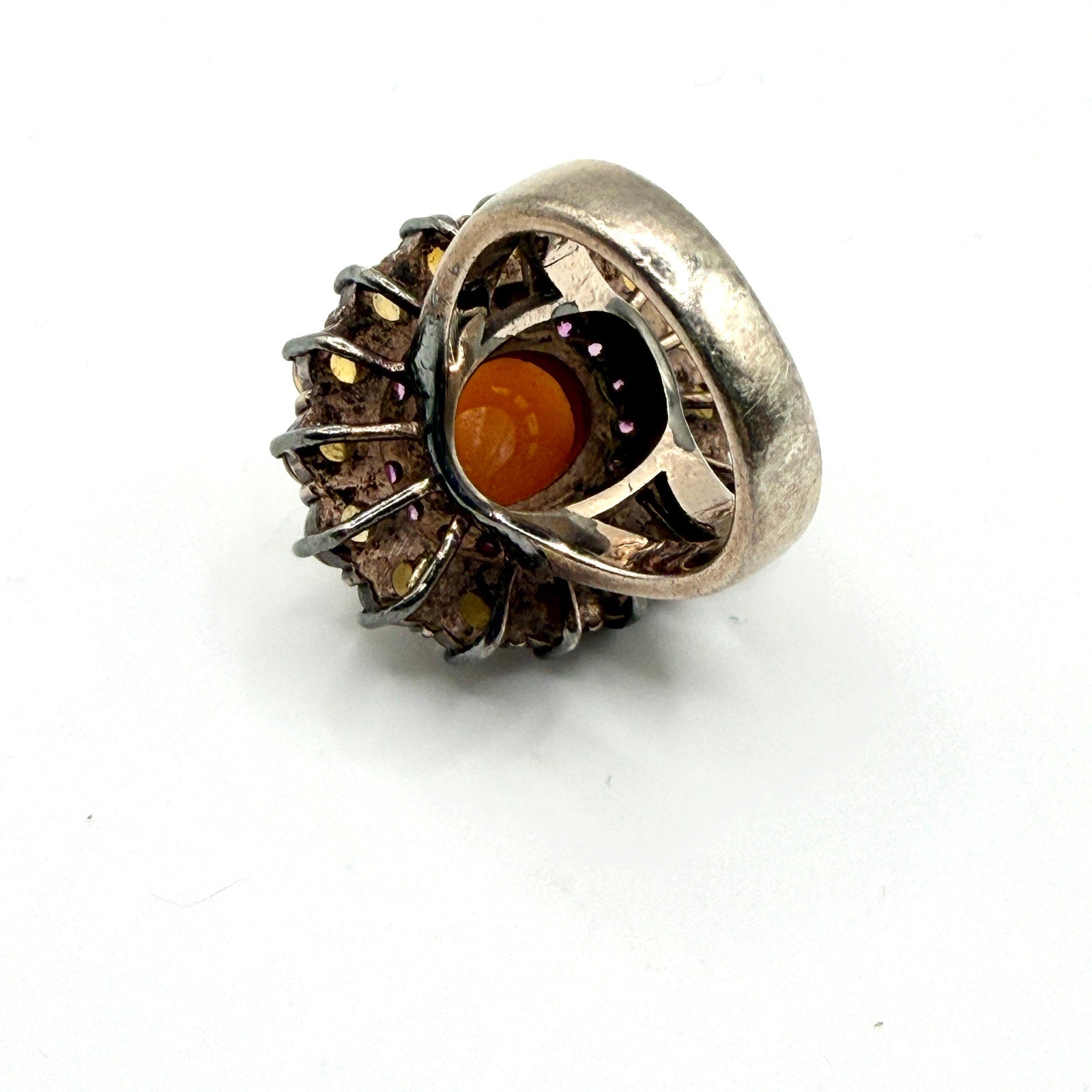 Vintage y2K Orange Jade Sapphire Citrine Sterling Silver Cocktail Ring