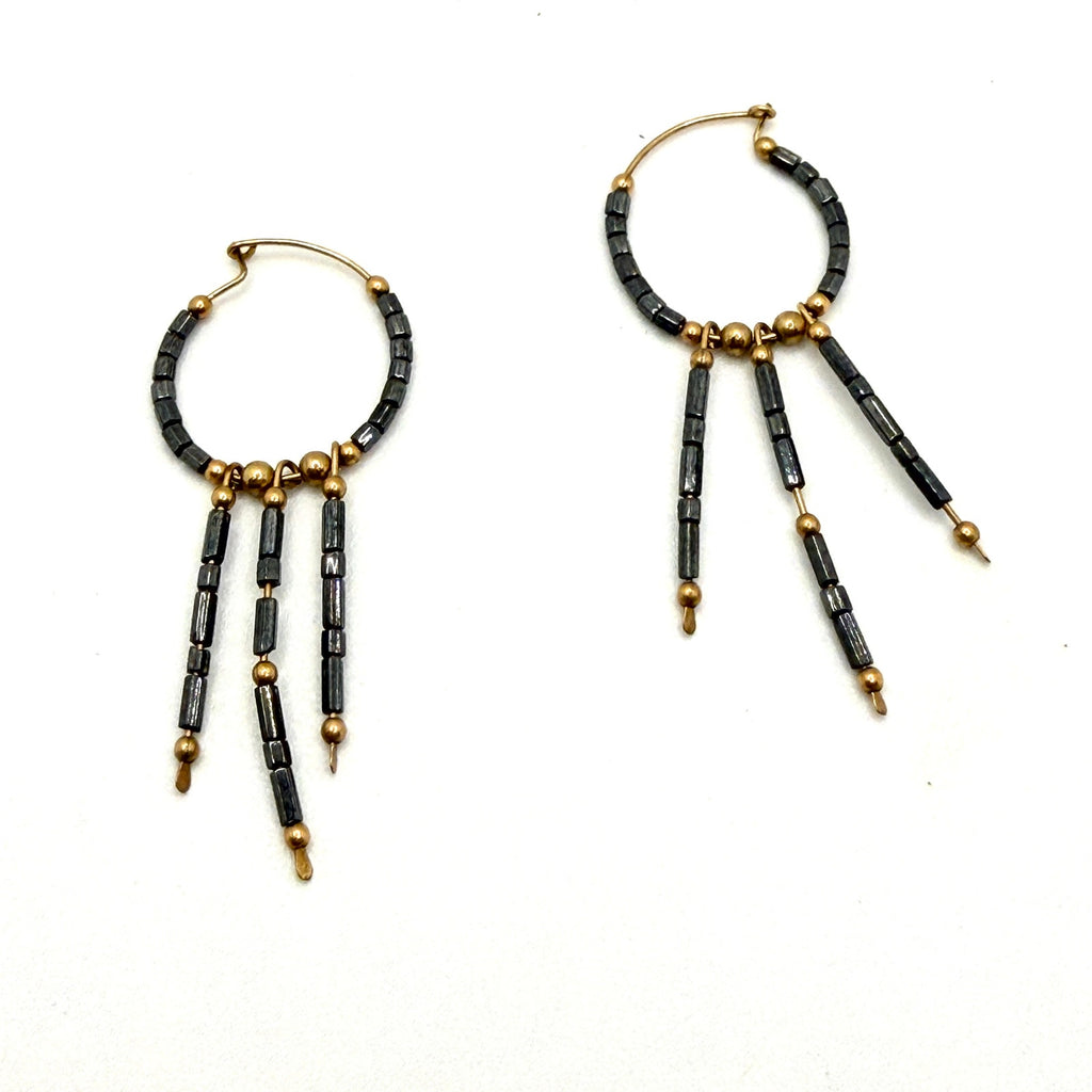Vintage 90s Hematite Gold Toned Metallic Boho Fringe Hoop Earrings