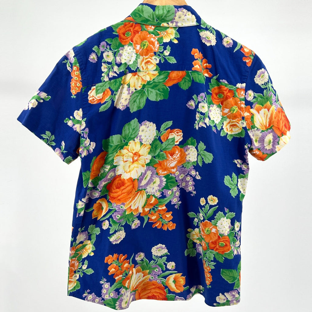 Vintage 90s Lauren Ralph Lauren Blue 100% Cotton Floral Short Sleeve Shirt