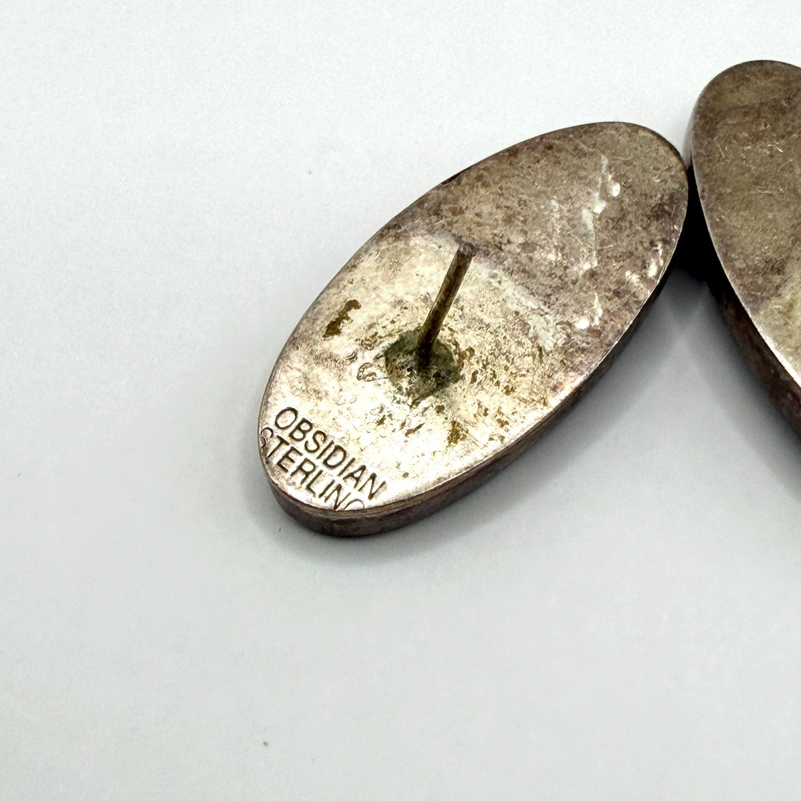 Vintage 90s Grey Black Stamped Sterling Silver Obsidian Druzy Oval Stud Earrings